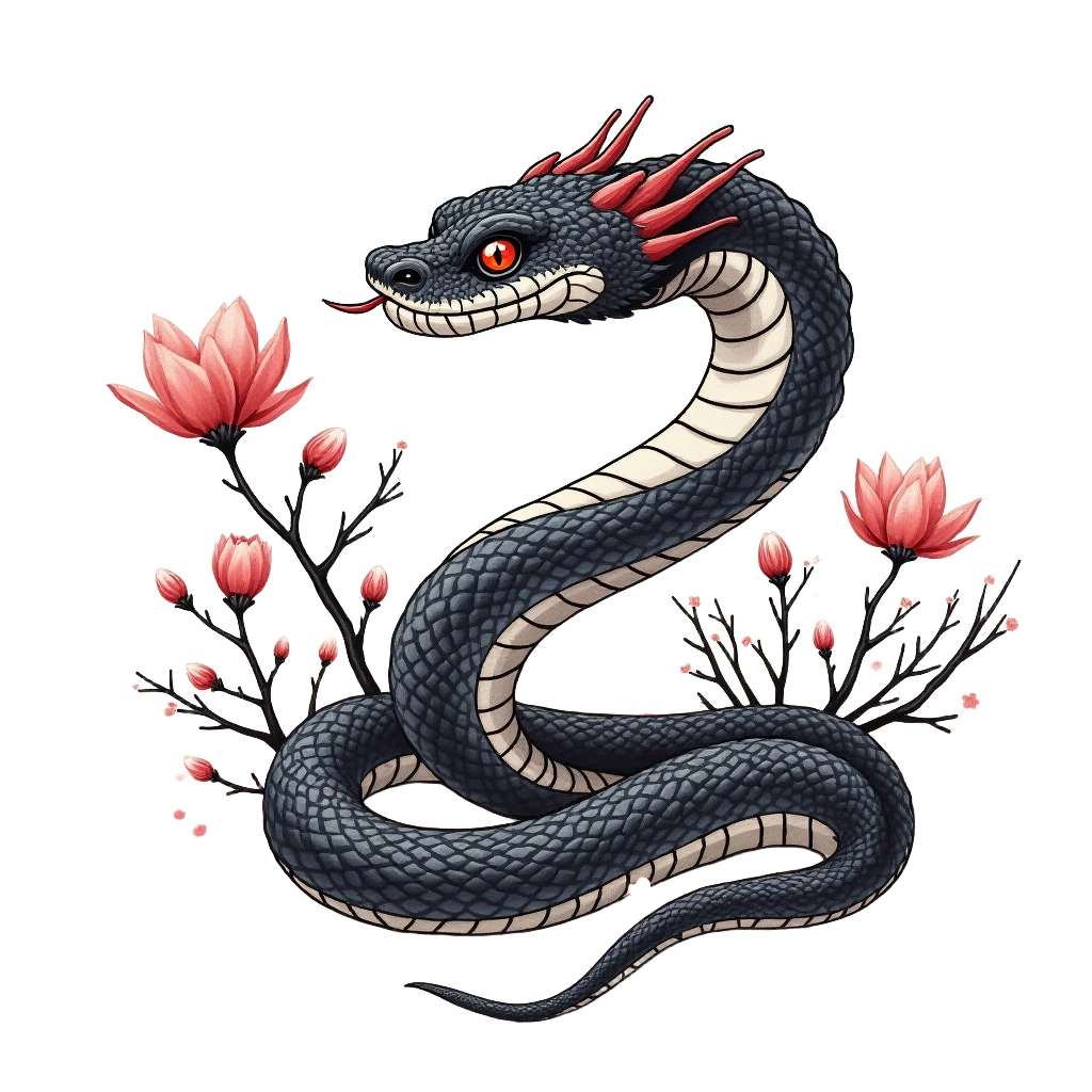 Dragon Serpent and Blooming Flowers